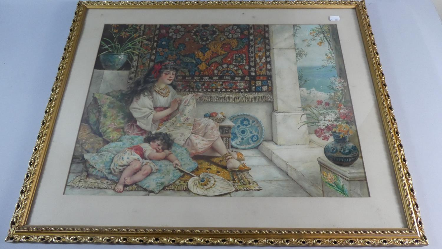A Large Gilt Framed Coloured Print Depicting Mother Watching Over Sleeping Child, 57cm Wide