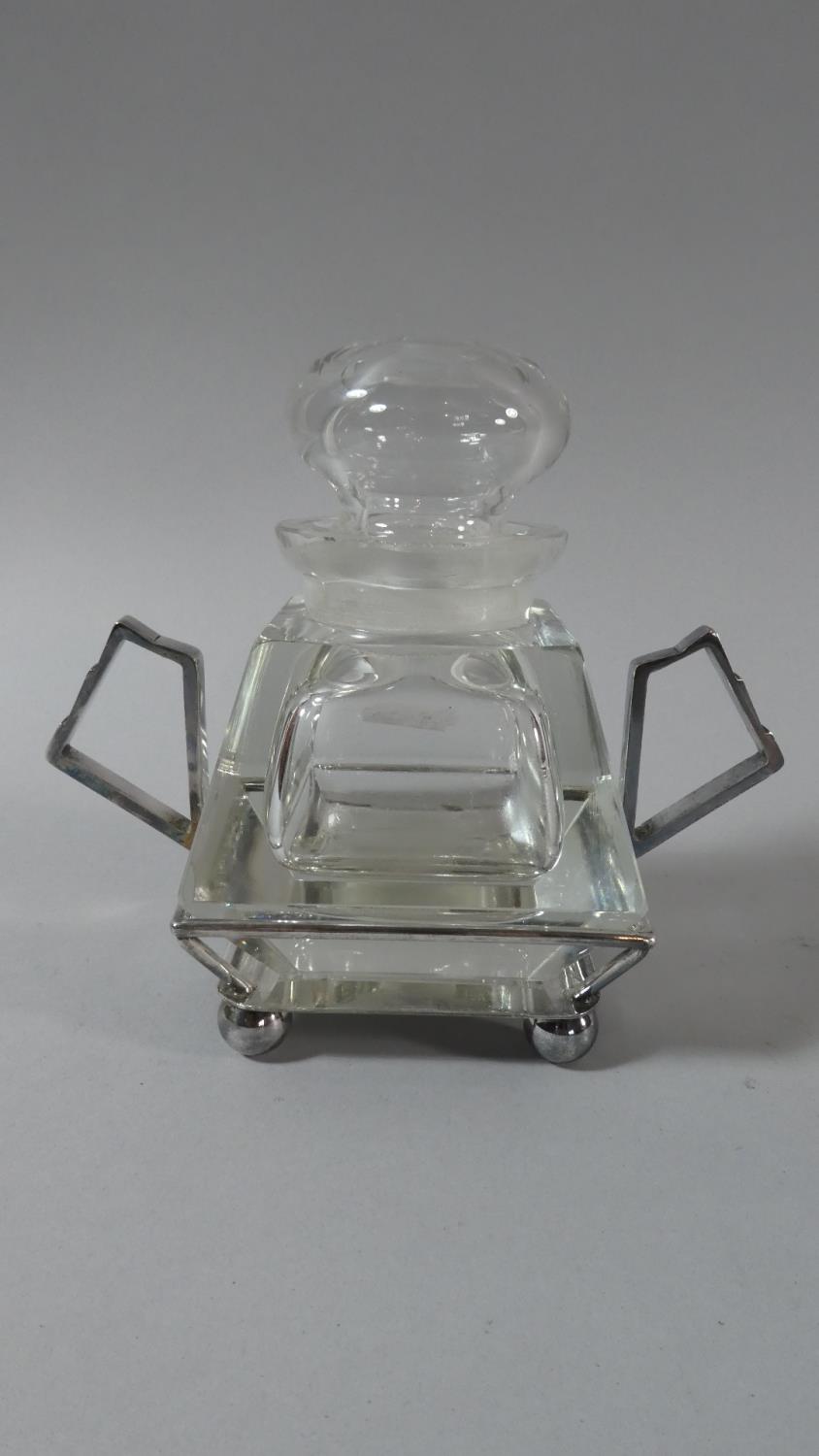 An Art Deco Glass Desk Top Inkwell Set in Silver Plated Two Handled Stand, 14.5cm High