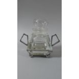 An Art Deco Glass Desk Top Inkwell Set in Silver Plated Two Handled Stand, 14.5cm High