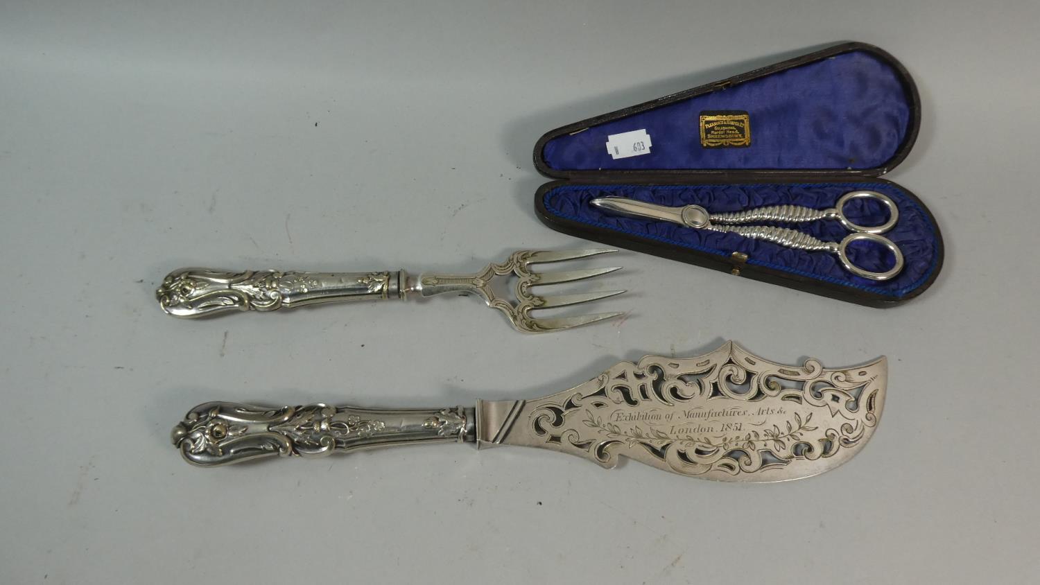 A Pair of Edwardian Cased Silver Plated Grape Scissors Together with a Silver Plated Servers with