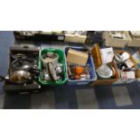 Five Boxes of Kitchenwares, Pots and Pans, Cutlery, Storage Jars etc