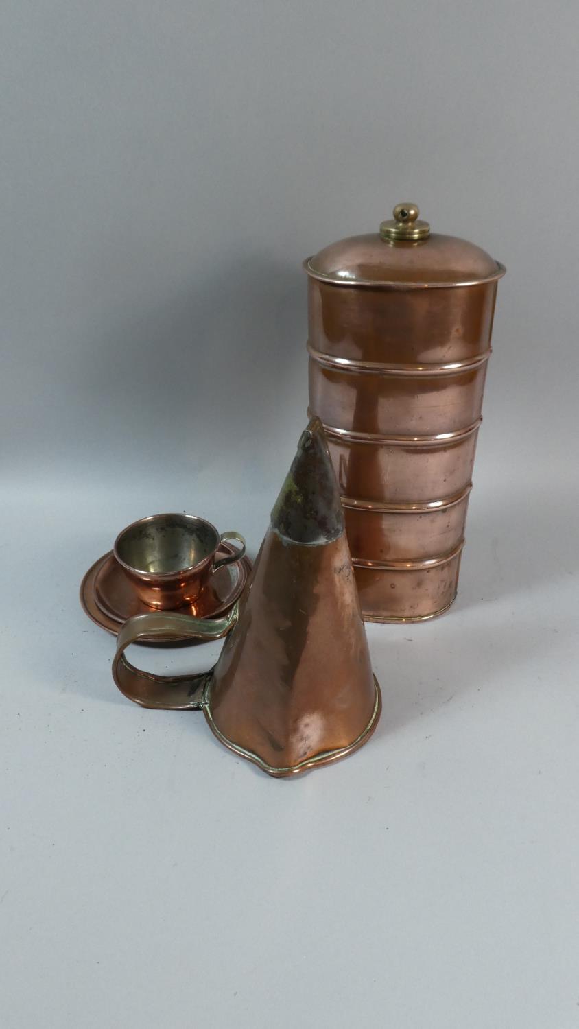 A Collection of 19th Century Copper to Include Oval Bed Warmer, Measuring Scoop and Trio