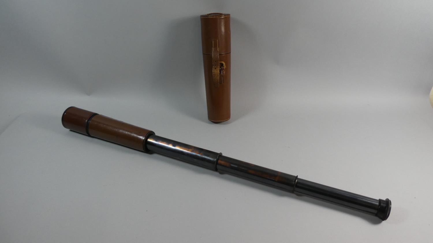 A Leather Cased Military Three Drawer Telescope with Leather Covered Body and Inscribed TEL.SCT.