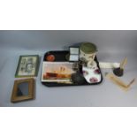 A Tray Containing Ceramic Biscuit Barrel, Silver Plated Cruet, Costume Jewellery, Prints etc