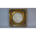 A Reproduction Gilt Framed Circular Marble Effect Plaque Depicting Figures in Relief, Frame 30cm