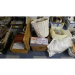 A Collection of Various Sewing Accessories, Cottons, Vintage Hats, Wicker Picnic Basket, Games etc