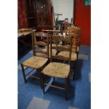 A Set of Four Oak Framed Rush Seated Ladder Back Chairs Together with 19th Century Ladder Back