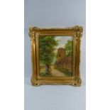 A Gilt Framed Oil on Board Depicting Sandstone Ruin Windmill, 28cm High