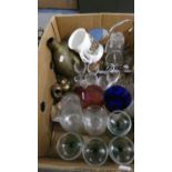 A Tray of Glassware, Silverplate, Brassware etc