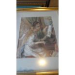 A Framed Victorian Coloured Print Depicting Two Girls Learning Piano, Frame 70cm x 59cm