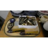 A Tray Containing Various Brass Door Furniture, Two Spent Shell Cases etc