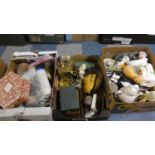 Three Boxes Containing Ceramics, Ornaments, Brassware, Kitchenwares etc