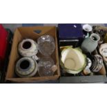 Two Boxes Containing Ceramics, Glassware, Vases etc