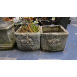 A Pair of Square Reconstituted Stone Garden Planters with Moulded Floral Decoration, Each 37cm