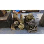 A Collection of Seven Reconstituted Stone and Resin Garden Ornaments, Squirrel, Frogs, Toadstools,