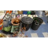 Two Plastic Waste Bins, Hose Pipe, Watering Cans, Hanging Baskets, Frames etc