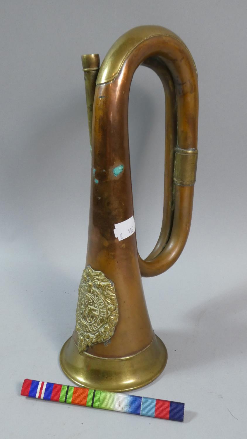 A Brass Mounted Copper Military Bugle with Badge for Argyle and Sutherland (Missing Mouthpiece) Also