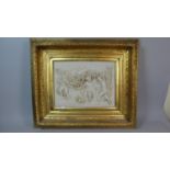 A Large Gilt Framed Marble Effect Plaque Decorated In Relief with Three Cherubs, Frame 66cm x 57cm