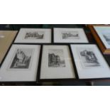A Collection of Five Framed Engravings Depicting Buildings in Exeter, Shrewsbury, Clovelly and Wells