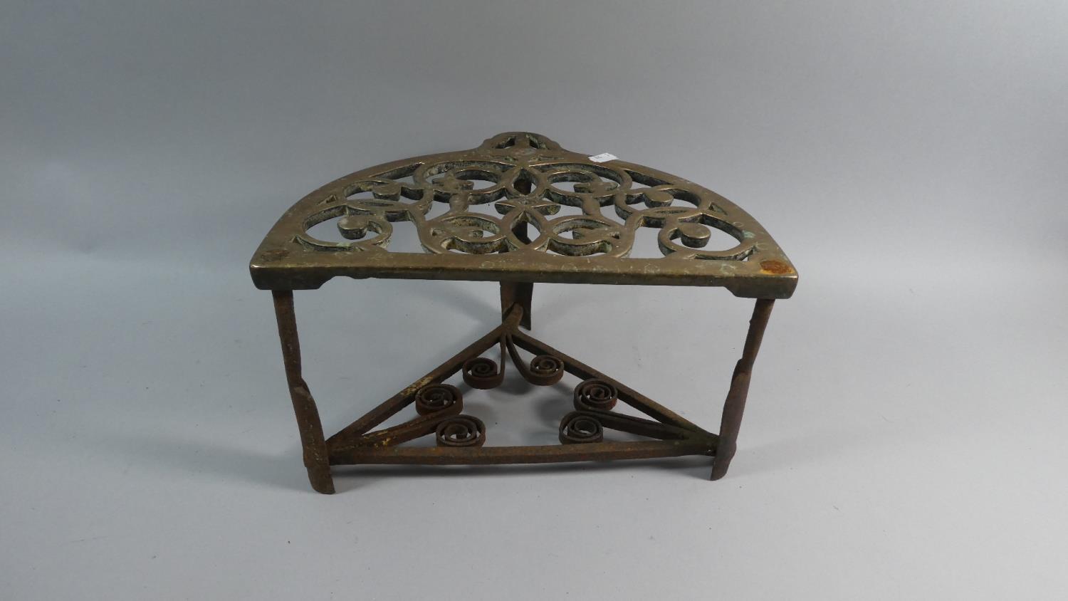 A Heavy 19th Century Brass and Iron Kettle Stand with Pierced Top, 33cm Wide