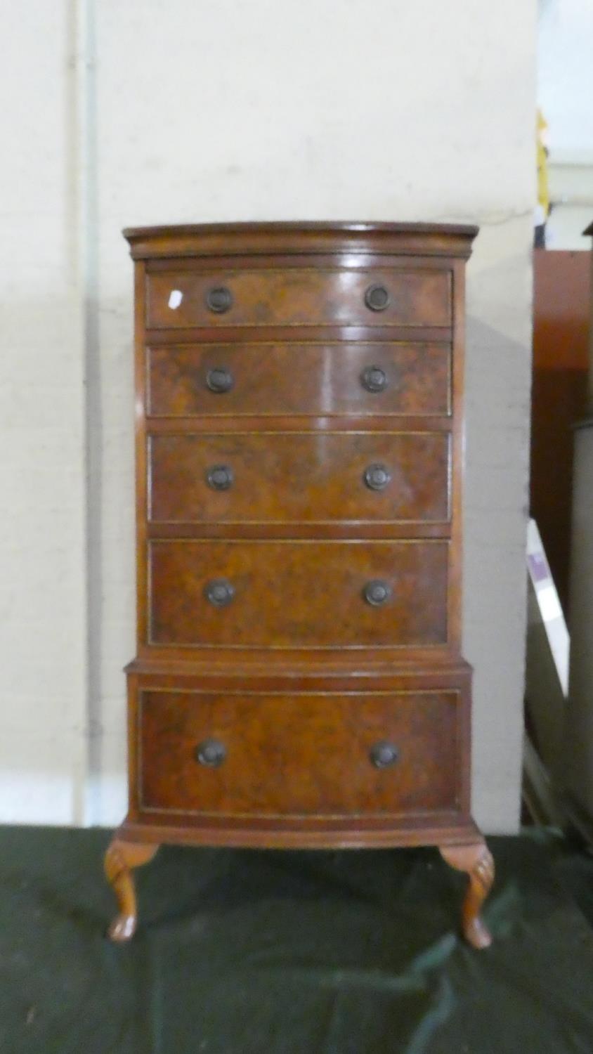 A Mid 20th Century Bow Fronted Burr Walnut Chest, Having Five Graduated Drawers, On Short