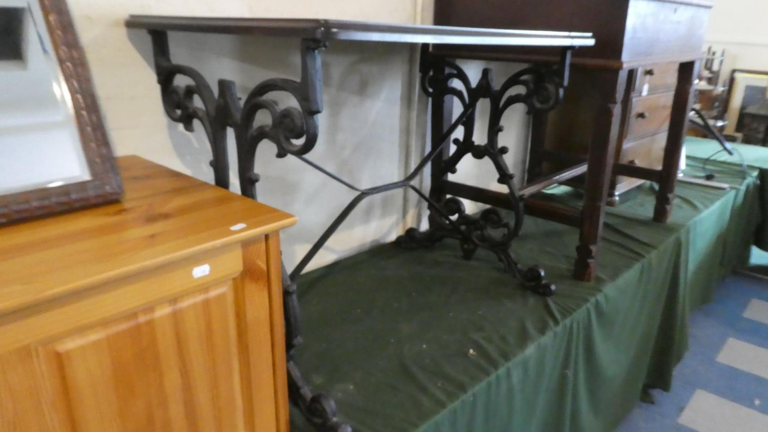 A Reproduction Cast Iron Based Table with Mahogany Top, 89cm Wide