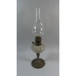 A Late 19th Century Oil Lamp with Etched and Painted Glass Reservoir, Complete with Chimney, 55cm