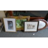 A Collection of Three Prints and an Edwardian Oak Oval Framed Wall Mirror