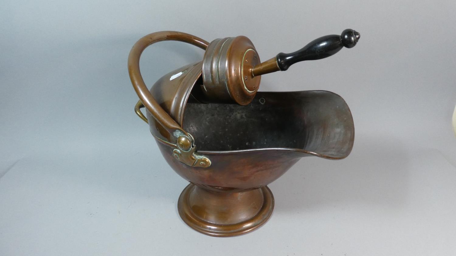 A Late 19th Century Copper Helmet Shaped Coal Scuttle with Shovel - Image 2 of 2