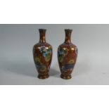 A Pair of Small Oriental Cloisonne Vases with Intricate Floral and Butterfly Decoration, 16cms High