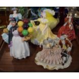 A Tray Containing Five Figural Ornaments to Include Royal Doulton, Biddy Pennyfarthing (Second), Top