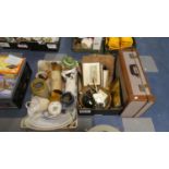 Two Boxes of Sundries to Include Animal and Figural Ornaments, Vintage Glass Fishing Float,