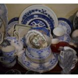 A Tray Containing Part Blue and White Teaset, Coalport Indian Tree, Blue and White Willow Pattern,