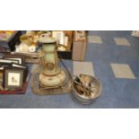 A Vintage Paraffin Heater, Collection of Mole Traps, Aluminium Jam Pan etc