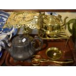 A Tray of Metalwares to Include Brass Kettle Stand and Trivet, Brass Kettle, Pewter Teapot Etc