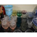 A Tray of Various Coloured Glass Drinking Glasses, Four Custard Glasses, Opaque Blue Glass Goblet