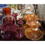 A Tray of Coloured Glassware to Include Vases, Cranberry Basket, Carnival Glass etc