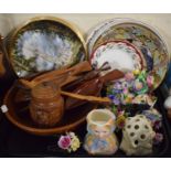 A Tray Containing Various Decorated Plates, Treen Salad Bowl and Servers, Posy Ornaments etc