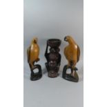 A Pair of Carved African Parrots and a Carved Monkey Bowl, Eagle 38cm High