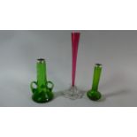 Two Silver Topped Green Glass Vases and a Cranberry Bud Vase