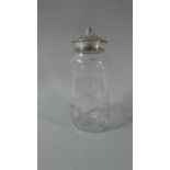 A Silver Topped Etched Glass Sugar Sifter, 17cm High