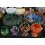 A Collection of Coloured Glass Vases, Rose Bowl, Coloured Glass Fruit Bowls, Apostle Teaspoons