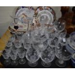 A Tray Containing Various Cut and Moulded Drinking Glasses, Decanters etc