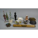 A Tray of Curios to Include Coloured Scent Bottles, Mabel Lucie Attwell Figurine, Vases and Pin