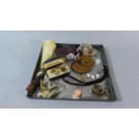 A Tray if Curios to Include Shoe Horn, Bird Ornaments, Jockeys Hat Pin Cushion, Olive Wood Needle