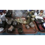 A Tray Containing Five Copper Spirit Ladles, Brass Vases and Spoons