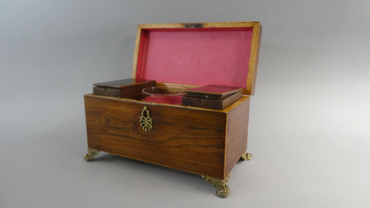 A Mid 19th Century Rosewood Two Division Tea Caddy with Ormolu Claw Feet and Carrying Handle, - Image 3 of 3