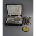 A Cased Silver Plated Dressing Table Set, Vogue Powder Compact and Small Collection of King