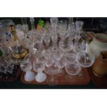 A Tray Containing Two Etched Glass Decanters (Chips to Collar), Etched Champagnes, Claret Jug,