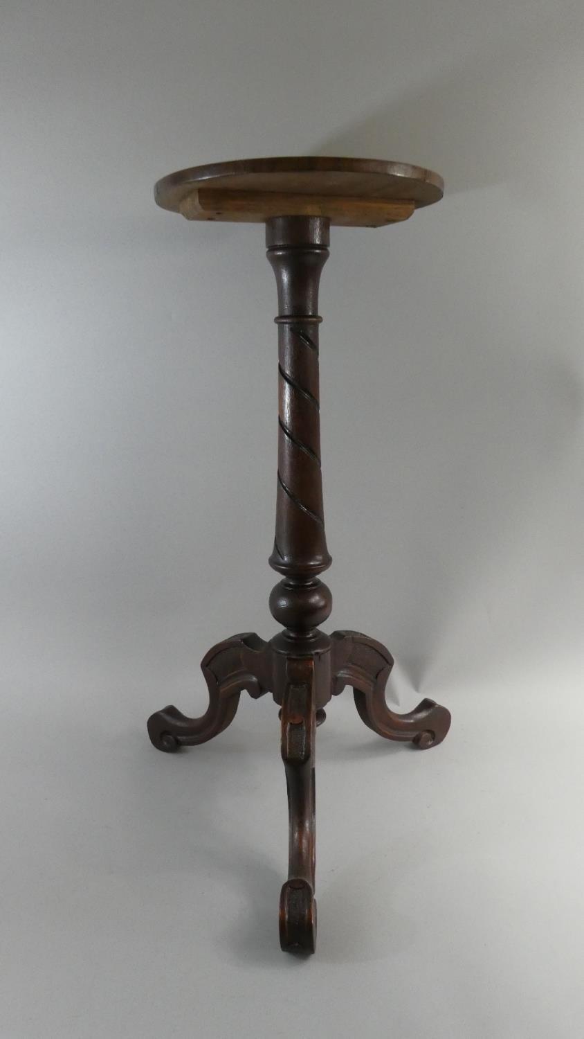 A Victorian Tripod Candle Stand with Circular Top Having Replacement Inlaid Bird Decoration, 70cm